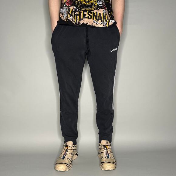 Adidas Sweatpants Smoke Black Cotton Joggers White 3 Stripes - Picture 2 of 4